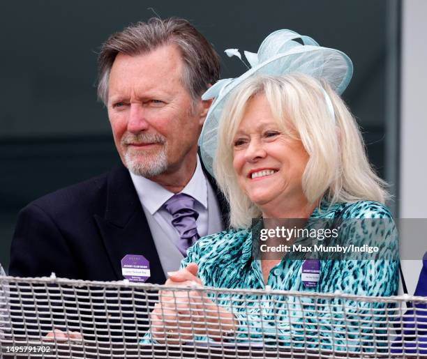 Lance Tankard and Sue Barker watch the racing as they attend 'Derby Day' of The Derby Festival 2023 at Epsom Downs Racecourse on June 3, 2023 in...