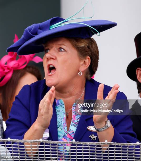 Clare Balding watches the racing as she attends 'Derby Day' of The Derby Festival 2023 at Epsom Downs Racecourse on June 3, 2023 in Epsom, England.