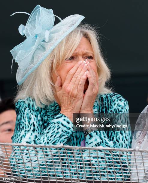 Sue Barker watches the racing as she attends 'Derby Day' of The Derby Festival 2023 at Epsom Downs Racecourse on June 3, 2023 in Epsom, England.