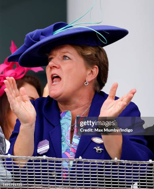 Clare Balding watches the racing as she attends 'Derby Day' of The Derby Festival 2023 at Epsom Downs Racecourse on June 3, 2023 in Epsom, England.