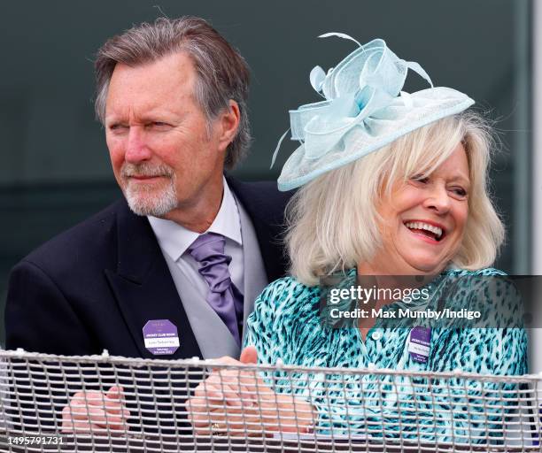 Lance Tankard and Sue Barker watch the racing as they attend 'Derby Day' of The Derby Festival 2023 at Epsom Downs Racecourse on June 3, 2023 in...