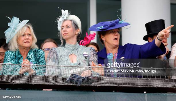 Sue Barker, Alex Truesdale and Clare Balding watch the racing as they attend 'Derby Day' of The Derby Festival 2023 at Epsom Downs Racecourse on June...