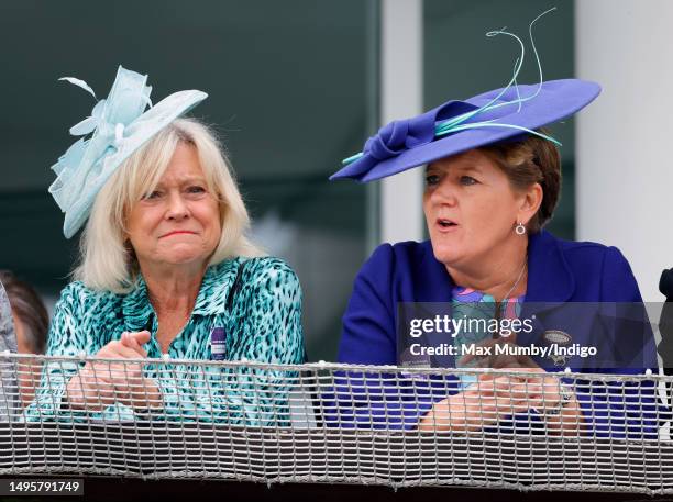 Sue Barker and Clare Balding watch the racing as they attend 'Derby Day' of The Derby Festival 2023 at Epsom Downs Racecourse on June 3, 2023 in...