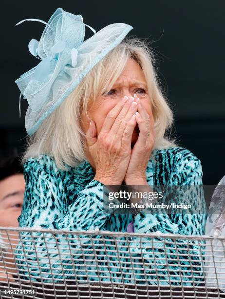 Sue Barker watches the racing as she attends 'Derby Day' of The Derby Festival 2023 at Epsom Downs Racecourse on June 3, 2023 in Epsom, England.