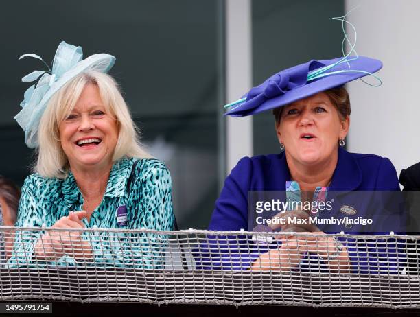 Sue Barker and Clare Balding watch the racing as they attend 'Derby Day' of The Derby Festival 2023 at Epsom Downs Racecourse on June 3, 2023 in...