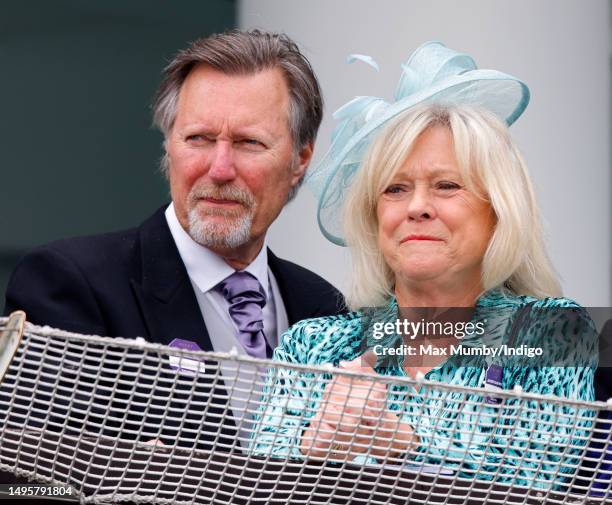 Lance Tankard and Sue Barker watch the racing as they attend 'Derby Day' of The Derby Festival 2023 at Epsom Downs Racecourse on June 3, 2023 in...