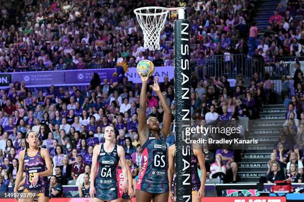 Mwai Kumwenda of the Vixens shoots during the round 12 Super Netball match between Queensland Firebirds and Melbourne Vixens at Nissan Arena, on June...