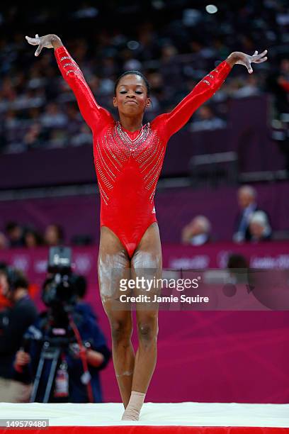 Gabrielle Douglas of the United States of America reacts after competing on the balance beam in the Artistic Gymnastics Women's Team final on Day 4...