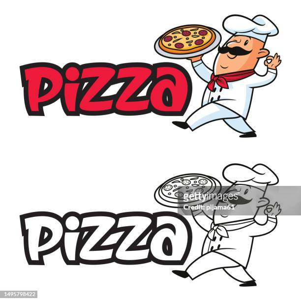 stockillustraties, clipart, cartoons en iconen met funny chef walking with pizza - dairy logo