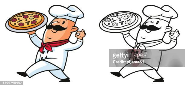 ilustraciones, imágenes clip art, dibujos animados e iconos de stock de divertido con pizza o chef cocinar - pizza