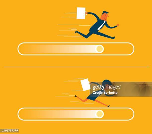 business people running on the progress bar - status icon stock illustrations