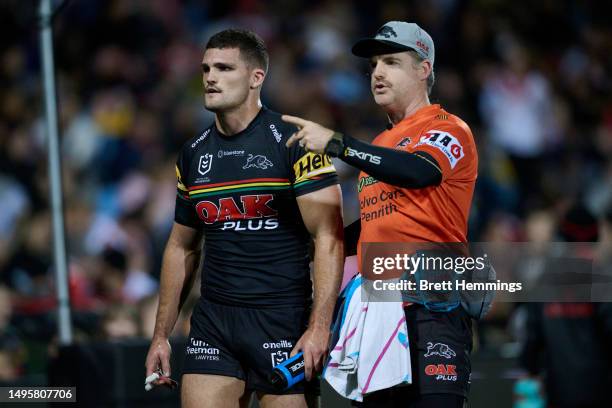 Nathan Cleary of the Panthers is assisted from the field with an injury during the round 14 NRL match between Penrith Panthers and St George...