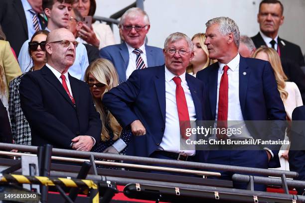 Manchester United co-owner Avram Glazer, Sir Alex Ferguson and David Gill look on following the Emirates FA Cup Final between Manchester City and...