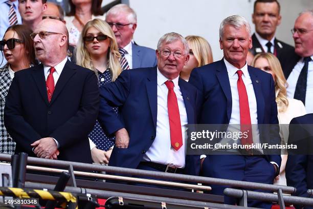 Manchester United co-owner Avram Glazer, Sir Alex Ferguson and David Gill look on following the Emirates FA Cup Final between Manchester City and...