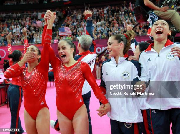 Alexandra Raisman, Jordyn Wieber, Mc Kayla Maroney and Kyla Ross of the United States celebrate during the final rotation in the Artistic Gymnastics...