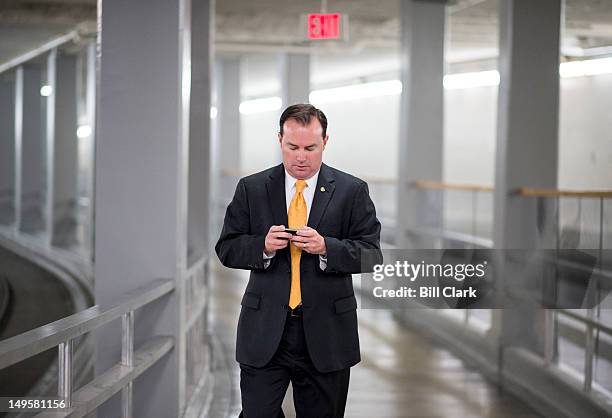 Sen. Mike Lee, R-Utah, arrives in the Capitol for the Senate Republicans' policy lunch on Tuesday, July 31, 2012.