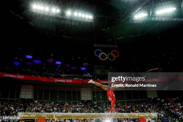 Gabrielle Douglas of the United States of America competes on the balance beam in the Artistic Gymnastics Women's Team final on Day 4 of the London...