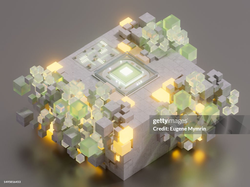 Abstract data cubes connection. Cloud technology, big data, artificial intelligence concepts