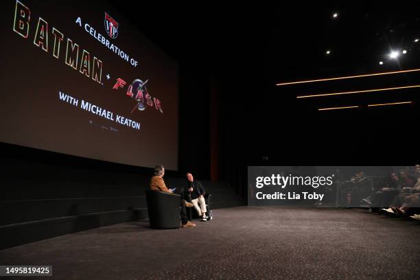 Michael Keaton speaks onstage during a double bill screening of Tim Burton's Batman followed by The Flash, hosted by Empire at Vue Leicester Square...