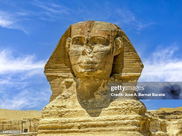 the sphinx next to the pyramids of giza, egypt. - esfinge fotografías e imágenes de stock