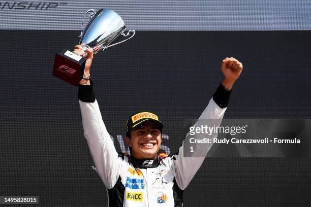Race winner Josep Maria Marti of Spain and Campos Racing celebrates on the podium during the Round 5:Barcelona Feature race of the Formula 3...