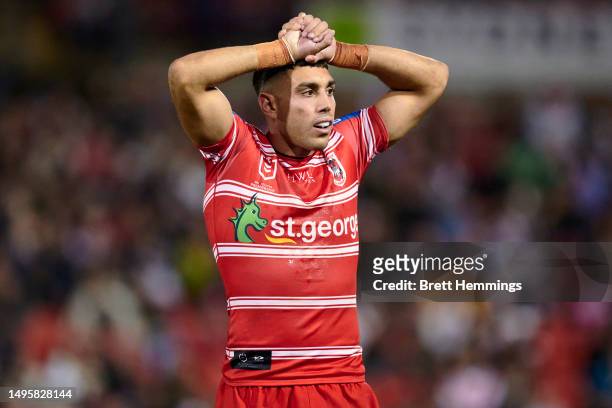 Tyrell Sloan of the Dragons reacts during the round 14 NRL match between Penrith Panthers and St George Illawarra Dragons at BlueBet Stadium on June...