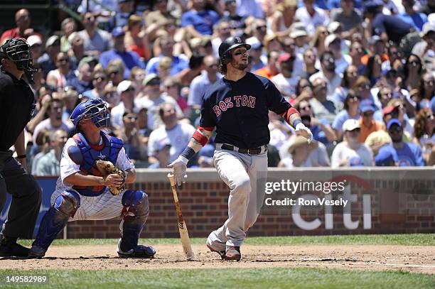 Jarrod Saltalamacchia of the Boston Red Sox bats against the Chicago Cubs on June 15, 2012 at Wrigley Field in Chicago, Illinois. The Cubs defeated...