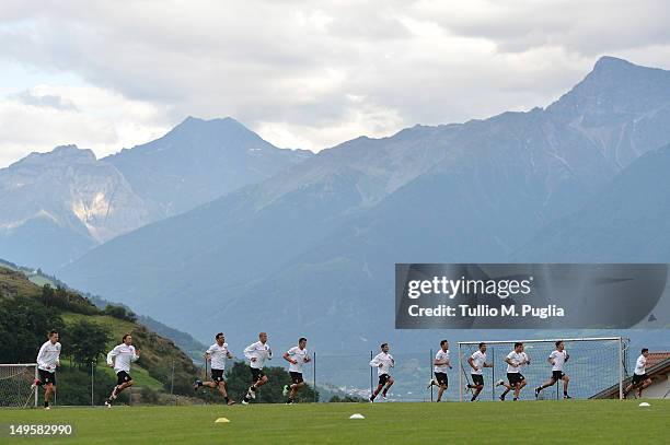 Players take part in a US Citta di Palermo pre-season training session at Sport Well Center on July 31, 2012 in Malles Venosta near Bolzano, Italy.