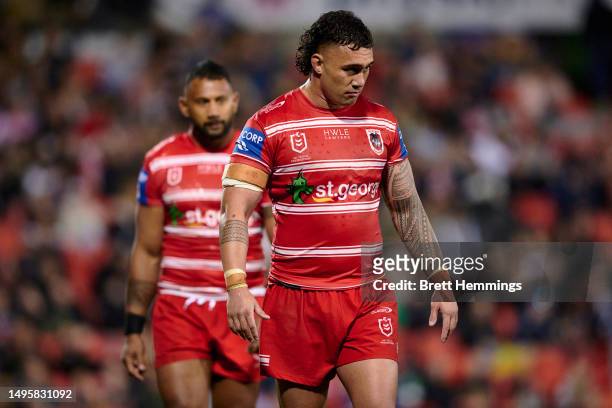 Jaydn Su'a of the Dragons looks dejected during the round 14 NRL match between Penrith Panthers and St George Illawarra Dragons at BlueBet Stadium on...