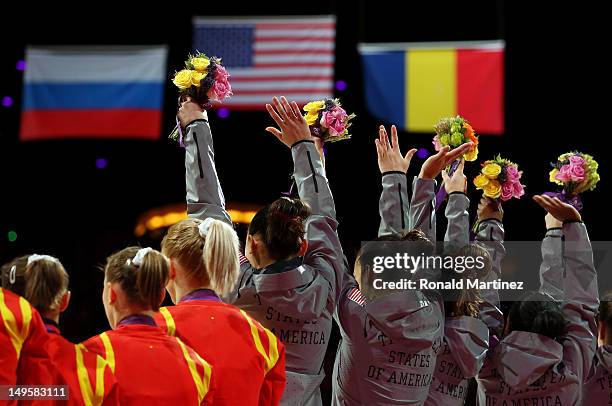 The United States celebrate after winning the gold medal in the Artistic Gymnastics Women's Team final on Day 4 of the London 2012 Olympic Games at...