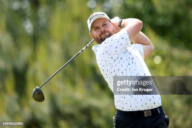 Jordan Smith of England plays his tee shot on the 4th hole on Day Four of the Porsche European Open at Green Eagle Golf Course on June 04, 2023 in...