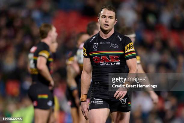 Dylan Edwards of the Panthers looks on during the round 14 NRL match between Penrith Panthers and St George Illawarra Dragons at BlueBet Stadium on...