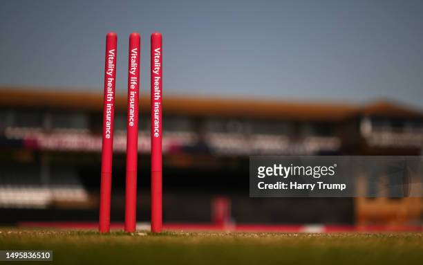 Detailed view of the match day stumps ahead of the Vitality Blast T20 match between Somerset and Essex at The Cooper Associates County Ground on June...