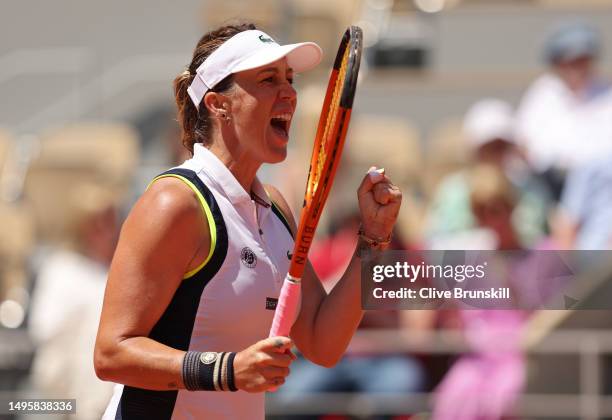 Anastasia Pavlyuchenkova celebrates a point against Elise Mertens of Belgium during the Women's Singles Fourth Round match on Day Eight of the 2023...