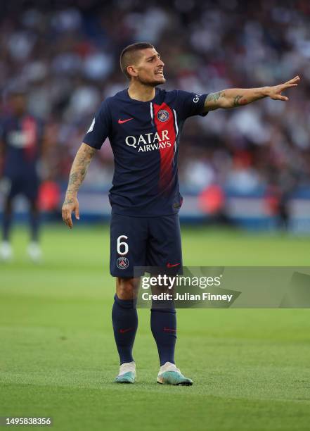 Marco Veratti of PSG gives instructions during the Ligue 1 match between Paris Saint-Germain and Clermont Foot at Parc des Princes on June 03, 2023...