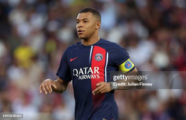 Kylian Mbappe of Paris Saint-Germain in action during the Ligue 1 match between Paris Saint-Germain and Clermont Foot at Parc des Princes on June 03,...