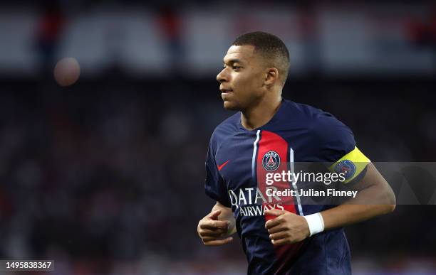 Kylian Mbappe of Paris Saint-Germain in action during the Ligue 1 match between Paris Saint-Germain and Clermont Foot at Parc des Princes on June 03,...