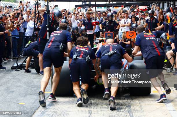 The Red Bull Racing team practice pitstops prior to the F1 Grand Prix of Spain at Circuit de Barcelona-Catalunya on June 04, 2023 in Barcelona, Spain.