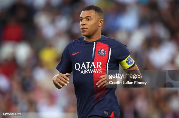 Kylian Mbappe of Paris Saint-Germain in action during the Ligue 1 match between Paris Saint-Germain and Clermont Foot at Parc des Princes on June 03,...