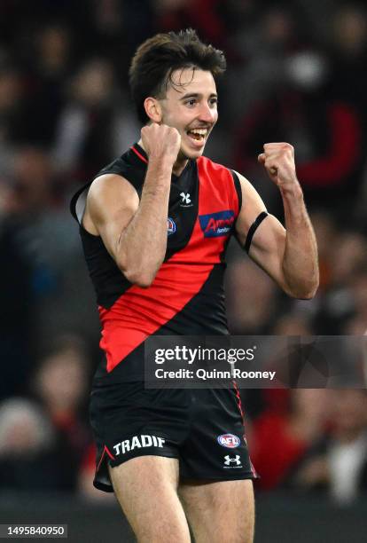 Nic Martin of the Bombers celebrates kicking a goal during the round 12 AFL match between Essendon Bombers and North Melbourne Kangaroos at Marvel...