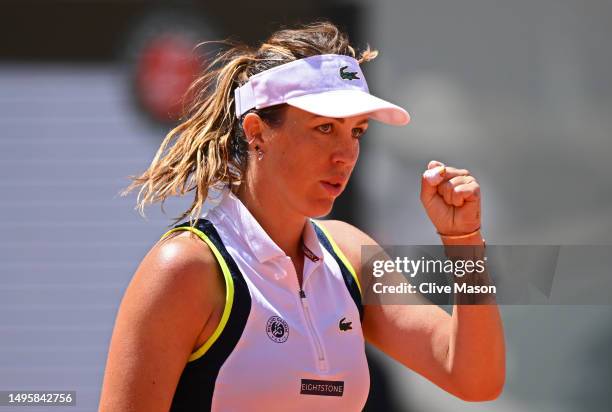 Anastasia Pavlyuchenkova celebrates a point against Elise Mertens of Belgium during the Women's Singles Fourth Round match on Day Eight of the 2023...