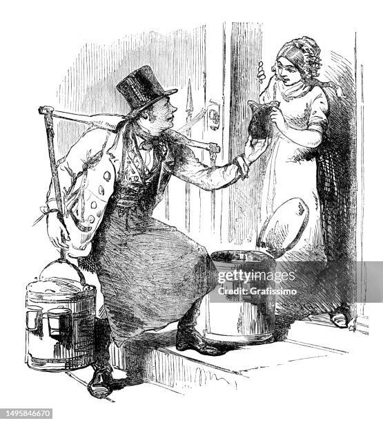 bildbanksillustrationer, clip art samt tecknat material och ikoner med milkman delivering milk at front door to housewife 1858 - 1858