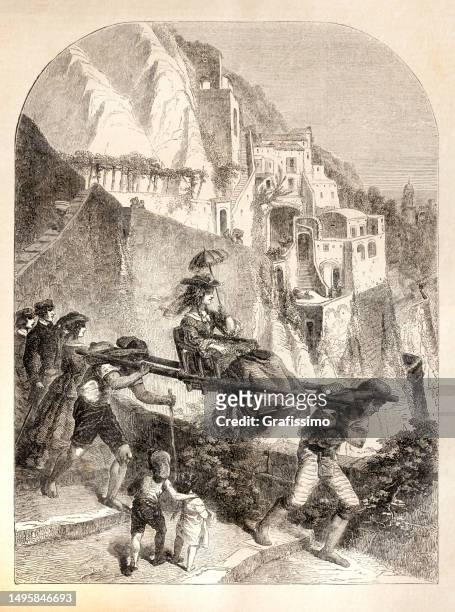 bildbanksillustrationer, clip art samt tecknat material och ikoner med woman of high society in sedan chair at amalfi coast italy 1858 - 1858