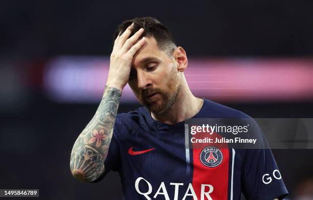 Lionel Messi of Paris Saint-Germain during the Ligue 1 match between Paris Saint-Germain and Clermont Foot at Parc des Princes on June 03, 2023 in...