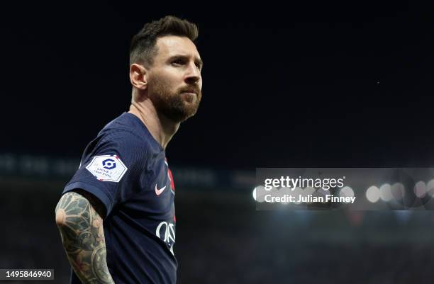 Lionel Messi of Paris Saint-Germain during the Ligue 1 match between Paris Saint-Germain and Clermont Foot at Parc des Princes on June 03, 2023 in...