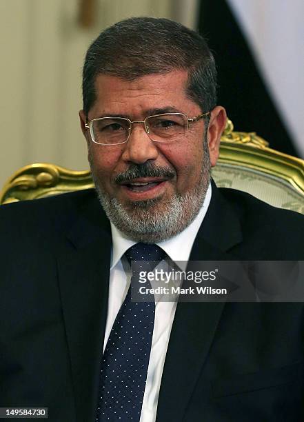 Egyptian President Mohamed Morsi participates in a meeting U.S. Secretary of Defense Leon Panetta, at the Presidential Palace on July 31, 2012 in...