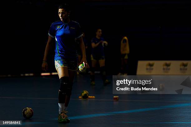 Jessica da Silva Quintino in action during a Brazilian olympic handball team training session at the Crystal Palace on July 31, 2012 in London,...