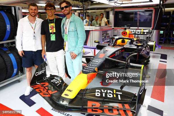 Mason Mount, Joao Felix and Ben Chilwell, pose for a photo prior to the F1 Grand Prix of Spain at Circuit de Barcelona-Catalunya on June 04, 2023 in...