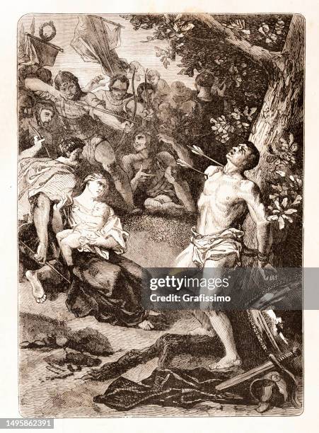 heiliger sebastian an einen baum gebunden und mit pfeilen beschossen - san sebastian stock-grafiken, -clipart, -cartoons und -symbole