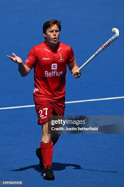 Tom Boon of Belgium reacts during the FIH Hockey Pro League Men match between Great Britain and Belgium at Lee Valley Hockey and Tennis Centre on...